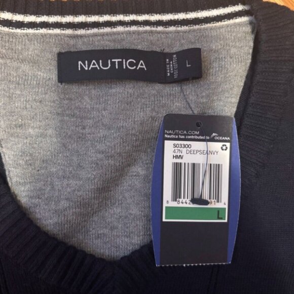 Nautica Textured Stripe Embroidered Logo Soft Navy Blue V-Neck Sweater Mens Sz L - Picture 2 of 4